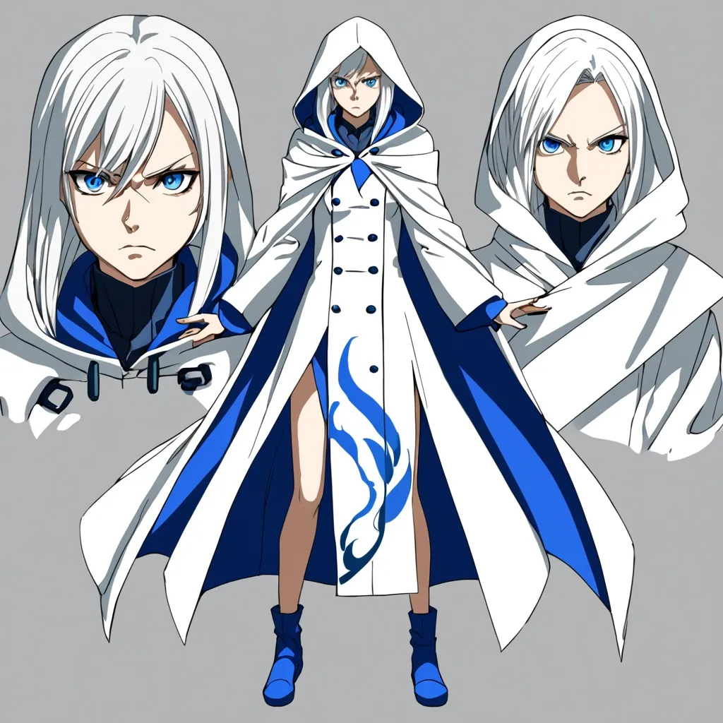 Prompt: I want an anime character drawing but female, white hair, blue eyes, serious facial expression, white hooded coat a full body drawing