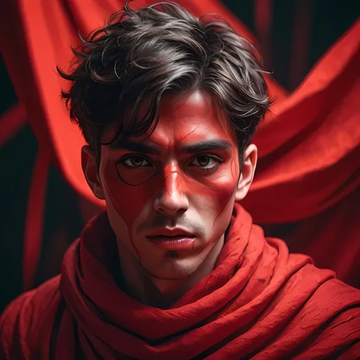 Prompt: (animated person), male , vibrant red colors, dynamic expression, red fabric wrapping around their mouth and eye, intriguing mood, cinematic atmosphere, high contrast, bold color palette, ultra-detailed, dramatic lighting, captivating focus on the figure, ethereal background elements adding depth.