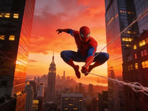 Prompt: Spider-Man swinging between skyscrapers with a sunset backdrop in New York City.