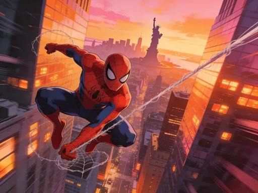 Prompt: Spider-Man swinging between skyscrapers with a sunset backdrop in New York City.