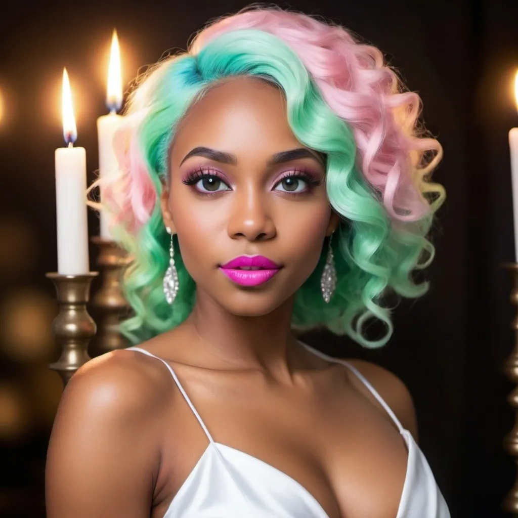 Prompt: Create a brown  skinned African American woman fully figured with Blue eyes as a business woman in a white gown  she has green mixed wavy hair with pink gloss  lipstick long bold  eyelashes with slanted  round eyes with a candles in the background 