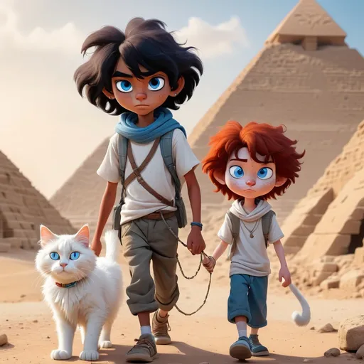 Prompt: Two kids and a cat walking in the pyramids of Egypt. One kid is 12 years old, has black hair, black eyes and walks with his white main coon . The other boy has red hair and freckles, he is 6 years old and has blue eyes.