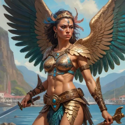 Prompt: A baroque painting of an Angel as tribal minoan female muscled warrior holding a sword, cyberpunk, Peacock wings,dnd, 8k, fantasy at Waterfront Subic Bay freeport Zone Philippines.