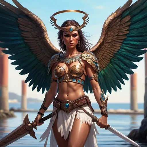 Prompt: A digital painting of an Angel as tribal minoan female muscled warrior holding a sword, cyberpunk, Peacock wings,dnd, 8k, fantasy at Waterfront Subic Bay freeport Zone Philippines.