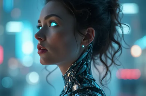 Prompt: A hyper-realistic casual full body photo of a humanoid robot woman in a sleek, futuristic setting. Her human face is intricately detailed, with lifelike skin and soft features, but subtle seams reveal her robotic transformation. Glowing Curly hair falling.  One eye glows faintly with a blue, cybernetic hue, while the other remains human.Her neck transitions into visible metallic components with glowing micro-circuits, and a small part of her collarbone reveals a blend of synthetic skin and sleek machinery. The background is a blurred futuristic cityscape with glowing neon lights, adding depth and atmosphere. The shot captures the fine details of her design—soft skin textures, precise mechanical joints, and a faint reflection of light on her metallic features—highlighting her unique fusion of humanity and technology