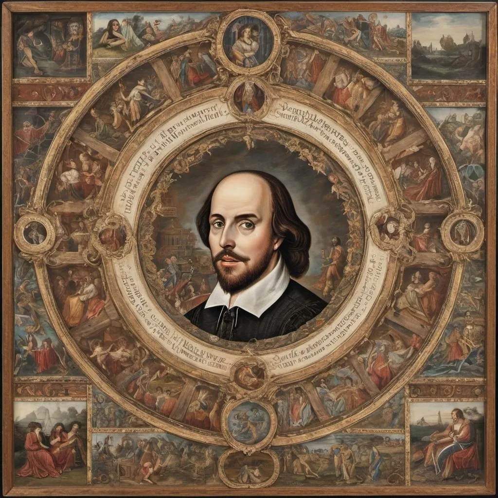 Prompt: Depict Shakespeare surrounded by scenes from his various plays, representing tragedy, comedy and historical drama.