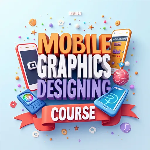 Prompt: > Create a vibrant and eye-catching 3D promotional graphic for a "Mobile Graphics Designing Course" – Batch 6.

Text elements:

"MOBILE GRAPHICS DESIGNING" (Main Title – large, bold 3D letters)

"COURSE" (smaller under the main title)

"Batch 6" (written inside a distinct 3D box or ribbon, placed at the top corner or slightly angled on the side)


Visual elements to include:

3D rendered smartphones with UI design elements on the screen

3D graphic design tools/icons, such as pen tool, color palette, layers, and vector points

Confetti, sparkle, or creative design objects floating around to add liveliness

Colorful, modern mobile design aesthetics with gradients and shadows

Background should be soft and clean to highlight the foreground content


Style:

3D clay-style or smooth vector-style

Bold, modern fonts

Use a bright and professional color palette: mix of blue, orange, purple, and white
