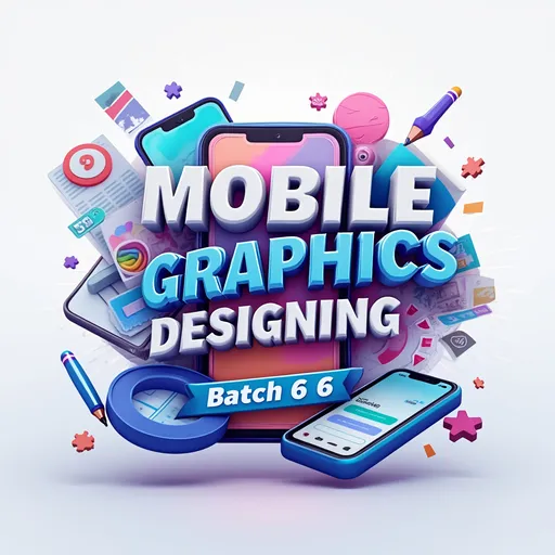 Prompt: Create a 3D-style promotional graphic design for a "Mobile Graphics Designing Course - Batch 6". The text "Mobile Graphics Designing" should be written in large, bold, stylish 3D letters at the center. Below it, the word "Course" should appear in smaller 3D text. Place the text "Batch 6" inside a rounded box or label, either at the top corner or on the side. The overall design should have a modern and professional look.

Include realistic 3D-style images of a smartphone and graphic designing tools (such as color palettes, pen tool, layers, UI elements, etc.) around the text. The background should be clean, tech-inspired, and slightly futuristic, with lighting effects to enhance depth and dimension. Make sure everything looks cohesive and vibrant, reflecting the theme of digital design learning on mobile.
