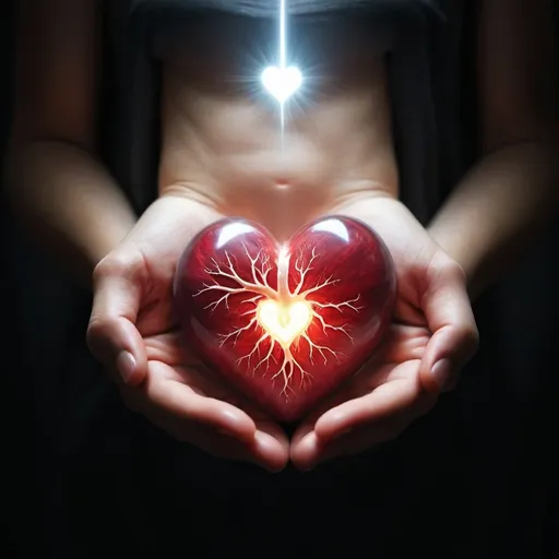 Prompt: A hand honding a Heart, and a light inside of the heart, human bodies are born from the light


