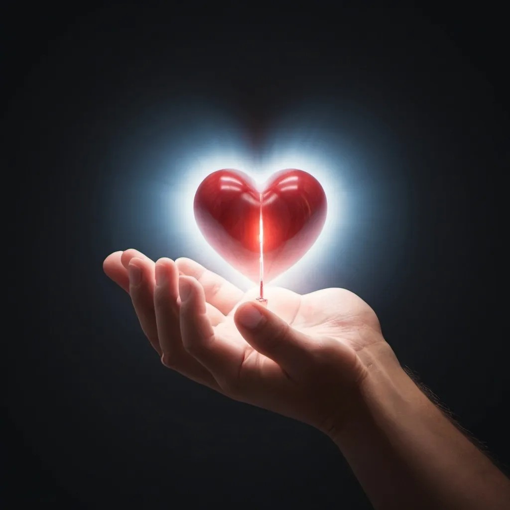 Prompt: A hand honding a Heart, and a light inside of the heart


