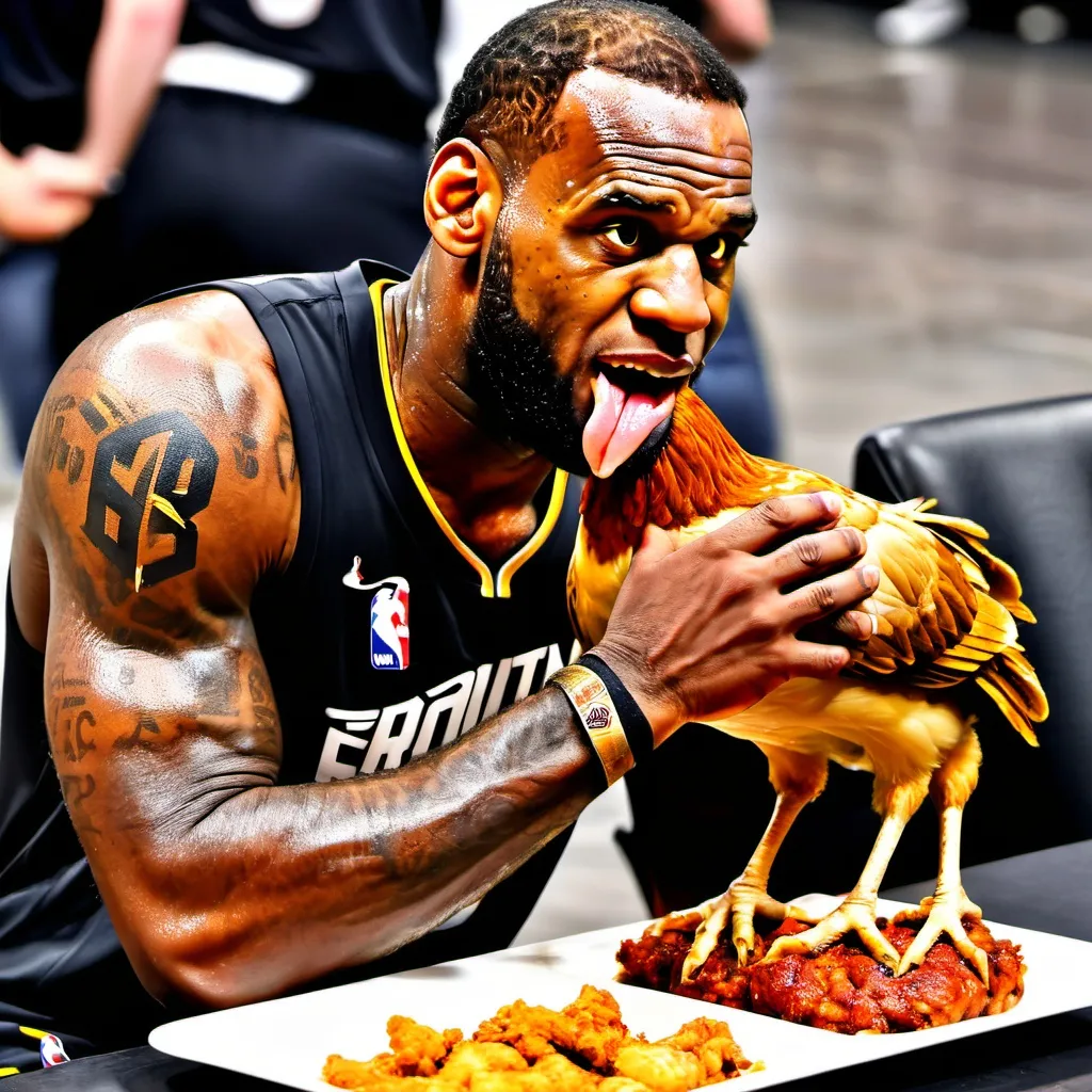 Prompt: make lebron eating chicken
