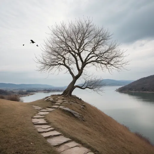 Prompt: A single tree on a hill that overlooks a lake. The tree is bare. Not too many leaves but a lot of branches. There is a rock at the foot of the tree. A rough but visibly clear path draws itself from the tree to a house closest to the viewer. Few birds fly from the branches. In the horizon there are more hills. Clouds in the sky. The mood is solitary. It's quiet. Except the birds chirping. The vision is such it will forever remain vivid due to is simplicity to the viewer. 
