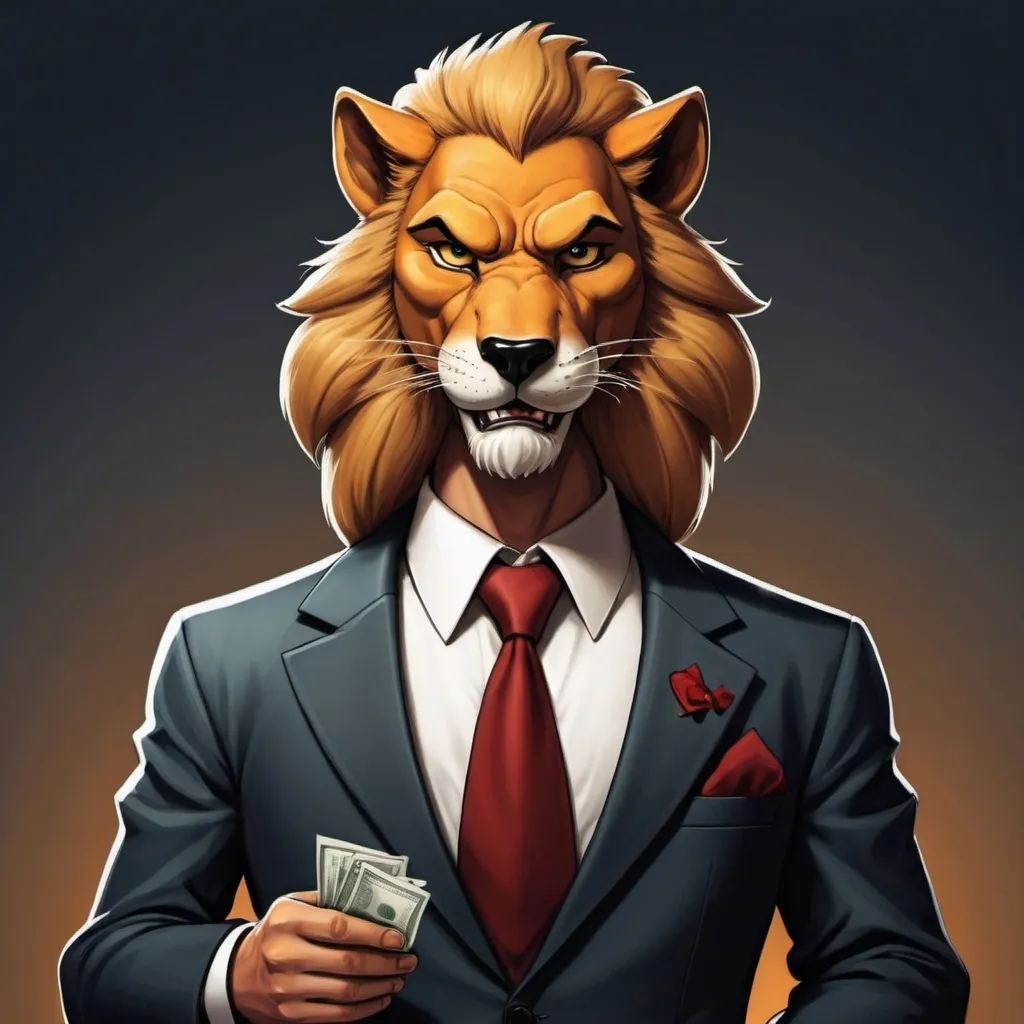 Prompt: A cartoon picture of a mafia leader at the age of 30. His appearance causes problems and terror for people. He loves action and has money. He has a lot of expensive money. He is a millionaire. He holds dollars in her hand. He speaks little and has a sense of humor that has the intelligence of foxes.  And the power of wolves.  But his real appearance is a savage lion, and his nationality is Egyptian and he resides in the Gulf countries