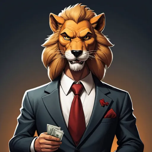 Prompt: A cartoon picture of a mafia leader at the age of 30. His appearance causes problems and terror for people. He loves action and has money. He has a lot of expensive money. He is a millionaire. He holds dollars in her hand. He speaks little and has a sense of humor that has the intelligence of foxes.  And the power of wolves.  But his real appearance is a savage lion, and his nationality is Egyptian and he resides in the Gulf countries