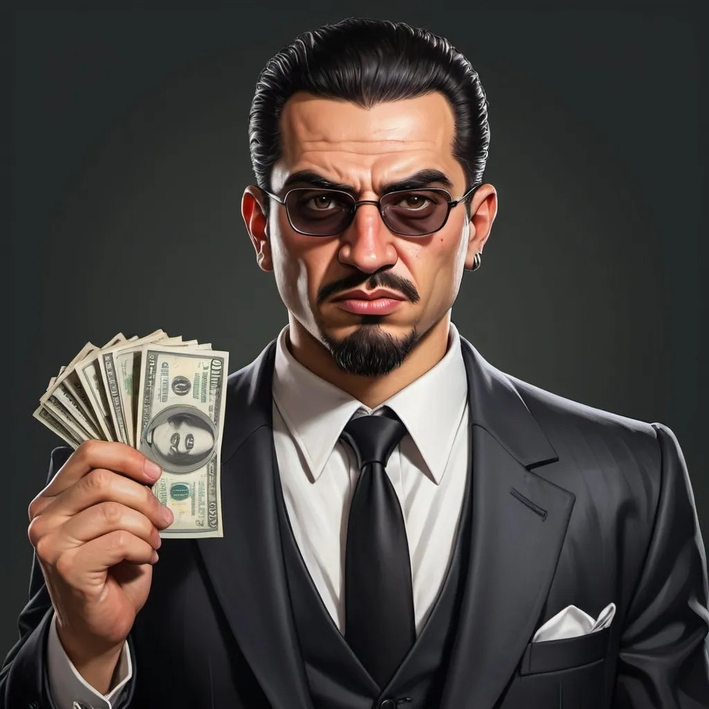 Prompt: A cartoon picture of a mafia leader at the age of 30. His appearance causes problems and terror for people. He loves action and has money. He has a lot of expensive money. He is a millionaire. He holds dollars in her hand. He speaks little and has a sense of humor. He has and loves raising lions and tigers. He has a savage appearance and his nationality is Egyptian.