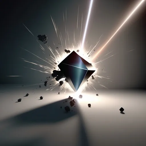 Prompt: Hyper-Realistic image of An Unstoppable Force versus an Immovable Object. The Unstoppable Force looks as if Light Particles were condensed into a prism of energetic Light. The immovable Object looks like a mass of Void- Nothingness, Emptiness and Darkness. Upon impact, when the Prism of Energetic Light strikes the Immovable Void