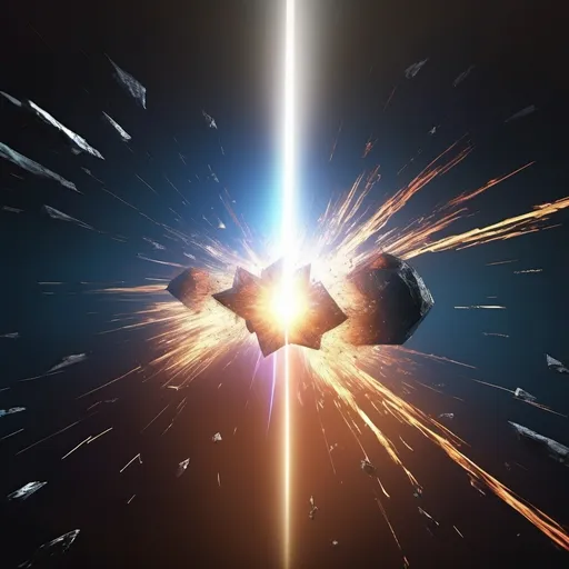 Prompt: Hyper-Realistic image of An Impact between a Unstoppable Force and an Immovable Object. The Unstoppable Force looks as if Light Particles were condensed into a prism of energetic Light. The immovable Object looks like a mass of Void- Nothingness, Emptiness and Darkness. Upon impact, when the Prism of Energetic Light strikes the Immovable Void