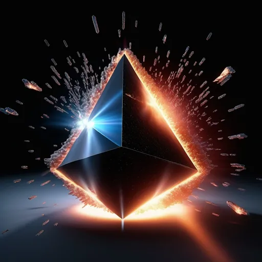 Prompt: Hyper-Realistic image of An Impact between a Unstoppable Force and an Immovable Object. The Unstoppable Force- Light Particles were condensed into a prism of energetic Light. The immovable Object- a mass of Void- Nothingness, Emptiness and Darkness. Upon impact, when the Prism of Energetic Light strikes the Immovable Void