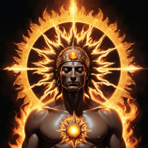 Prompt: An Imposing and Admirable man, altering properties of light, "Sacred Sun", cleansing of dark, a beacon and a safe place. Regent of the Sun. Seraph. Flame of God. Divine Presence. Enhancement of the Mind. Bender of Reality.