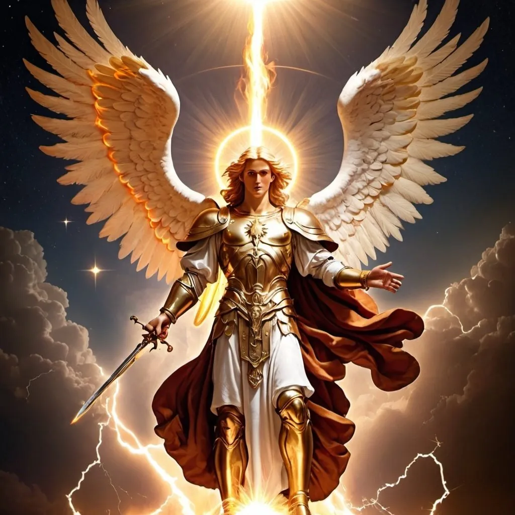 Prompt: Archangel Uriel, Light of God, Fire of God, Powerful, Influential, Angel of Presence, unbelievable world, Lightning and thunder, Fire in palm; book, scroll, flaming sword, disc of the sun, celestial orb or disc of stars and constellations, chalice, wisdom, truth, Hardlight