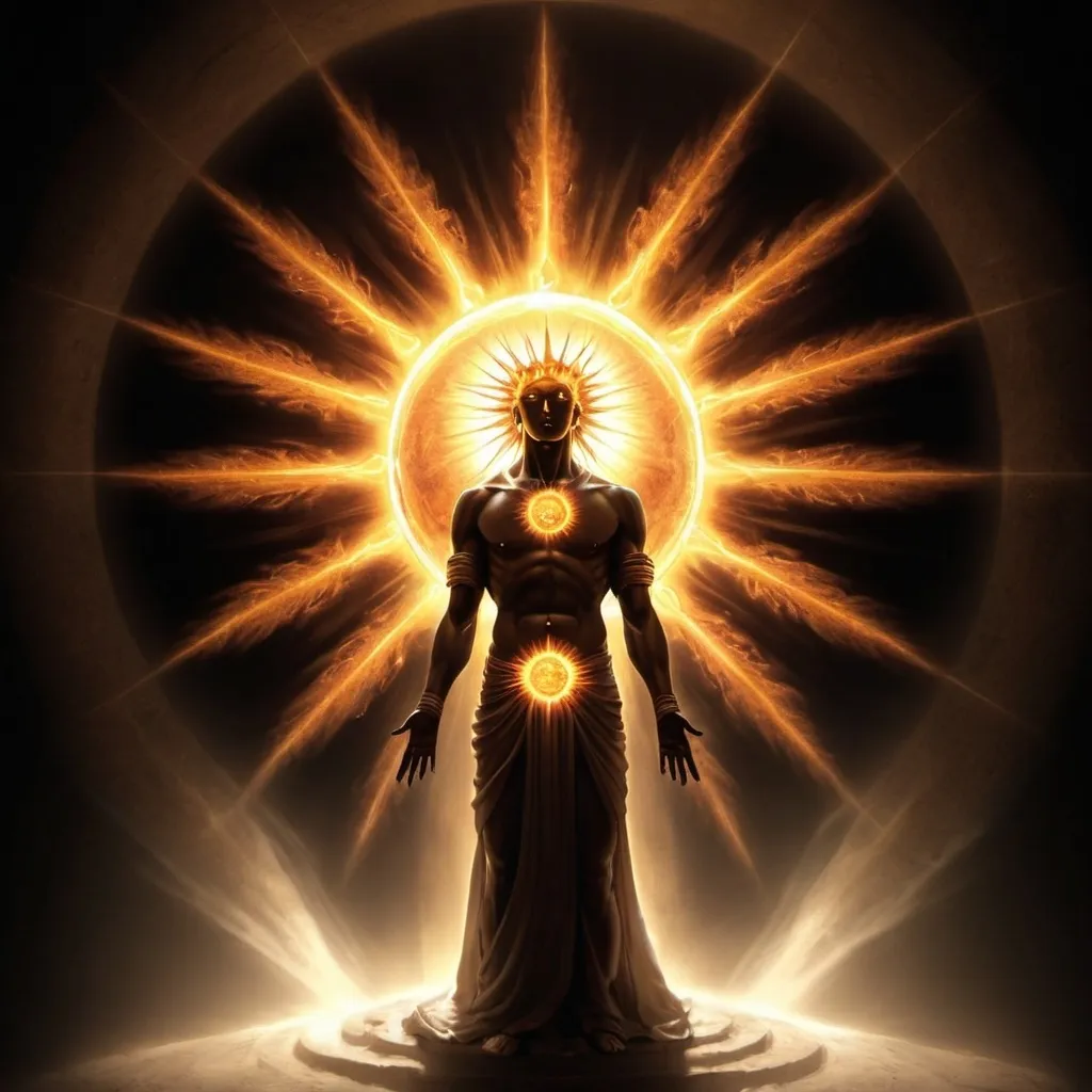 Prompt: Hardlight, altering properties of light, "Sacred Sun", an imposing and admirable man, preservation of life, cleansing of dark, a beacon and a safe place. Regent of the Sun. Seraph. Flame of God. Divine Presence. Salvation. Creation. Enhancement of the Mind. Bender of Reality. Anything is possible. What is within me, is within you.