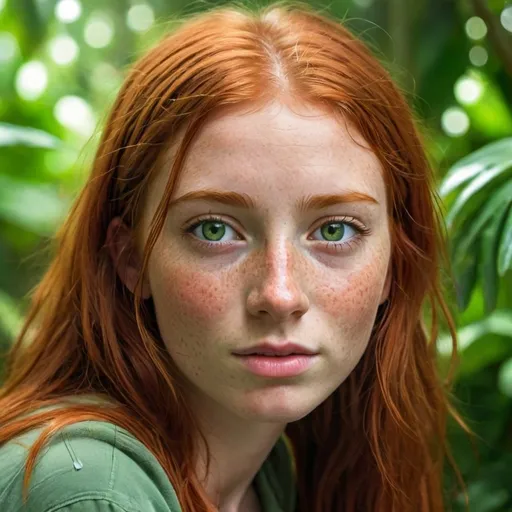Prompt: A pretty  red haired girl with a small amount of freckles and green eyes with a jungle backgound