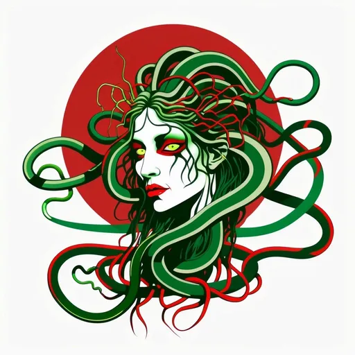 Prompt: medusa, with an abundance of, thin, long, snakehairs, flowing, red, green