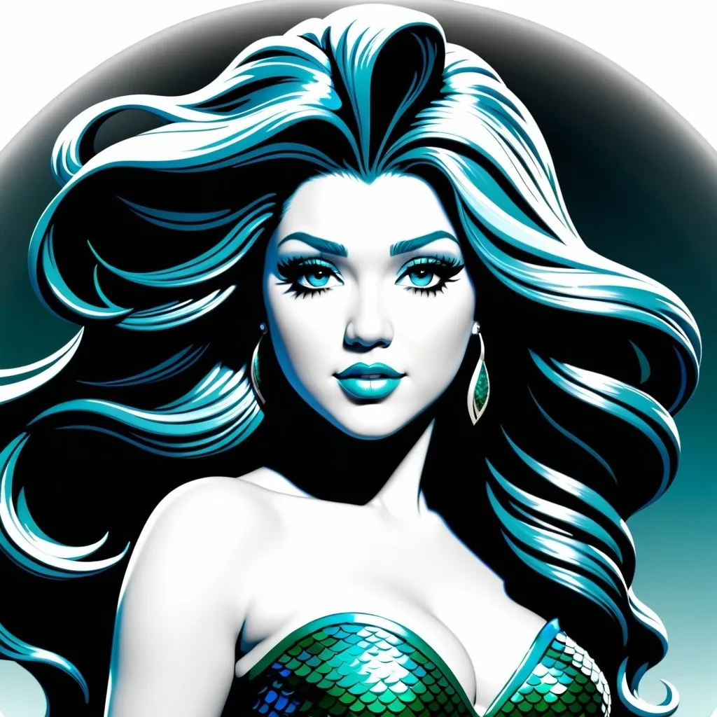 Prompt: a drawing of a buxom mermaid with flowing hair and the facial composition of Kelly Clarkson, Ed Binkley, sumatraism, elden ring, concept art,3d Bas relief, white as the only color