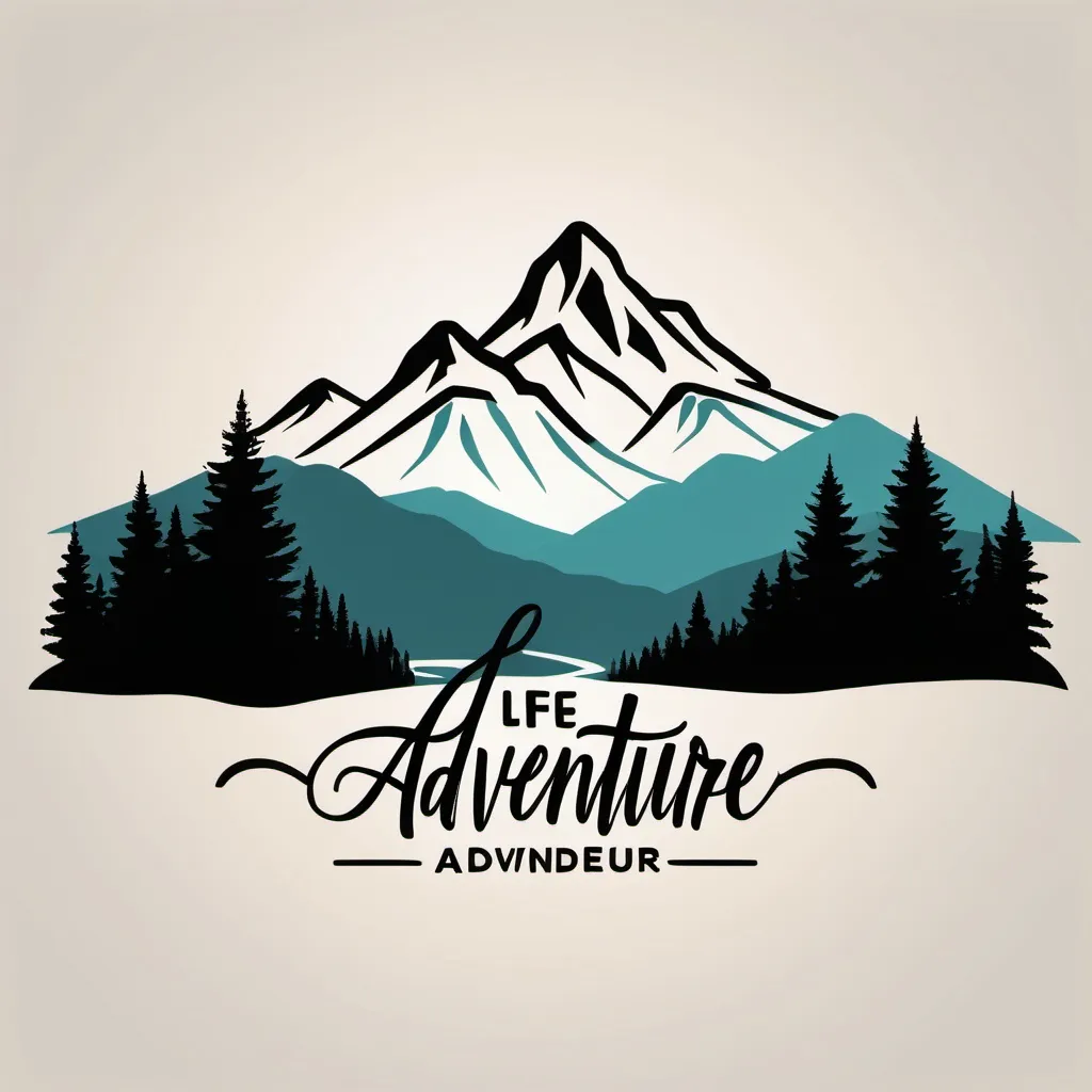 Prompt: Create a silhouette featuring the text “LIFE IS AN ADVENTURE”. The word “LIFE” should be bold and prominent, with “IS” smaller above it, followed by “AN” in a playful script. Below that, the word “ADVENTURE” should stand out. Include silhouette mountains in the design, positioned behind the text, with small pine trees on either side. Use a solid black silhouette against a white background.