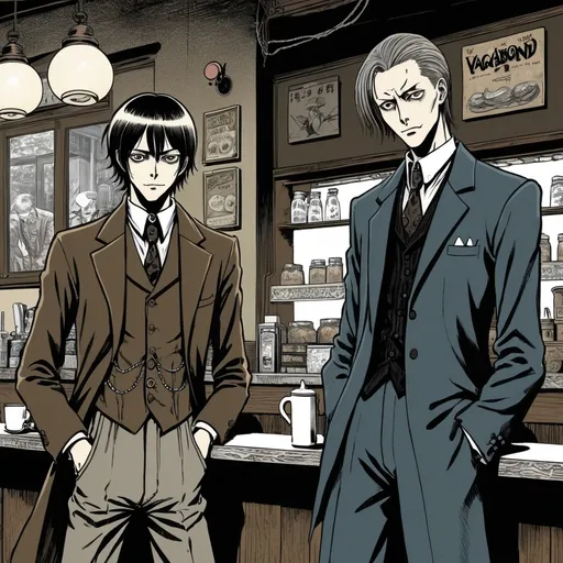 Prompt: Junji Ito manga style, man in coffee shop, manga scene. Both men have sharp angler features.  Tall slender male twins that are well groomed in late 20's. The twin on the left is a Doctor and has well taken care of short combed back hair and a nicely tailored suit. The Twin on the right is a vagabond and hair looks more thrown together. The vagabond looking twin is wearing more street urchin clothes. This is in the 1920's Victorian. This will be a horror based setting.