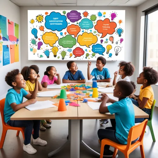 Prompt: "A group of diverse children sitting around a large table, engaged in a brainstorming session, with colorful thought bubbles above their heads containing different creative ideas like light bulbs, gears, and abstract shapes. The atmosphere is energetic and collaborative, with some children raising their hands to contribute. The background is bright and inspiring, with a few motivational posters on the walls. The children are of various ages, genders, and ethnicities, symbolizing teamwork and creativit