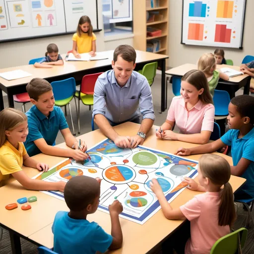 Prompt: "An educational scene illustrating the 5E instructional model (Engage, Explore, Explain, Elaborate, Evaluate). The image should show students engaged in interactive group activities, exploring concepts through hands-on learning, and explaining ideas to each other. The classroom should have a dynamic atmosphere with visual elements representing curiosity, discovery, and collaboration, with charts, diagrams, and educational materials around