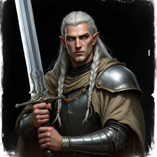 Prompt: Ekleen est un prêtre de Praios dans l'univers de l'oeil noir, jeu de role allemand. Il est souvent en armure de plate avec une épée à deux mains. 
Sa longue chevelure tissé argent et ces yeux gris sont typiques des Elfes de haut rang.  Il a également la peau très clair et un regard sérieux d'un chef de groupe. Son honneur est sa vie 