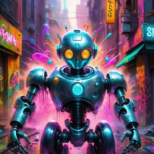 Prompt: (Metallic robot spray painting a subliminal message), intricate robotic design, futuristic ambiance, vibrant spray paint colors, graffiti-style art, urban background, mesmerizing abstract shapes and swirls, dynamic motion, neon glow, (highly detailed) illumination effects, (4K) resolution, captivating atmosphere of creativity and mystery.