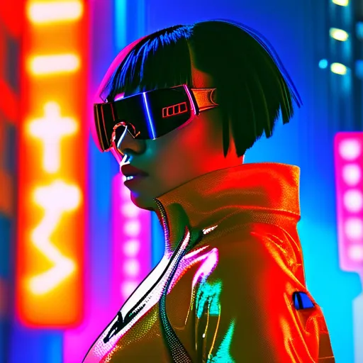 Prompt: (cyberpunk style dancer), vibrant neon colors, dramatic lighting, urban environment, futuristic city skyline in the background, bold technological elements, dynamic pose, expressive body language, glowing patterns on clothing, atmospheric fog, high energy, intense movement, ultra-detailed, HD quality, cinematic vibe, neon signs illuminating surroundings, captivating and edgy ambiance.