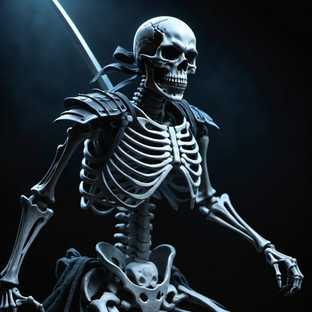 Prompt: (Skeleton ninjas), vivid detail, dark outline, high definition detail, eerie and mysterious, dramatic shadows, stark contrast, deep black background with subtle fog, ultra-detailed skeletal structure, intricate ninja armor and gear, vivid textures, highly realistic bones, contrasting dark and muted tones, black and blue color scheme, intense atmosphere, dynamic action poses, photorealistic, 4K, cinematic lighting, ultra-high quality, atmospheric realism.