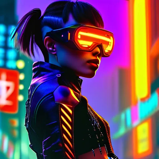 Prompt: (cyberpunk style dancer), vibrant neon colors, dramatic lighting, urban environment, futuristic city skyline in the background, bold technological elements, dynamic pose, expressive body language, glowing patterns on clothing, atmospheric fog, high energy, intense movement, ultra-detailed, HD quality, cinematic vibe, neon signs illuminating surroundings, captivating and edgy ambiance.