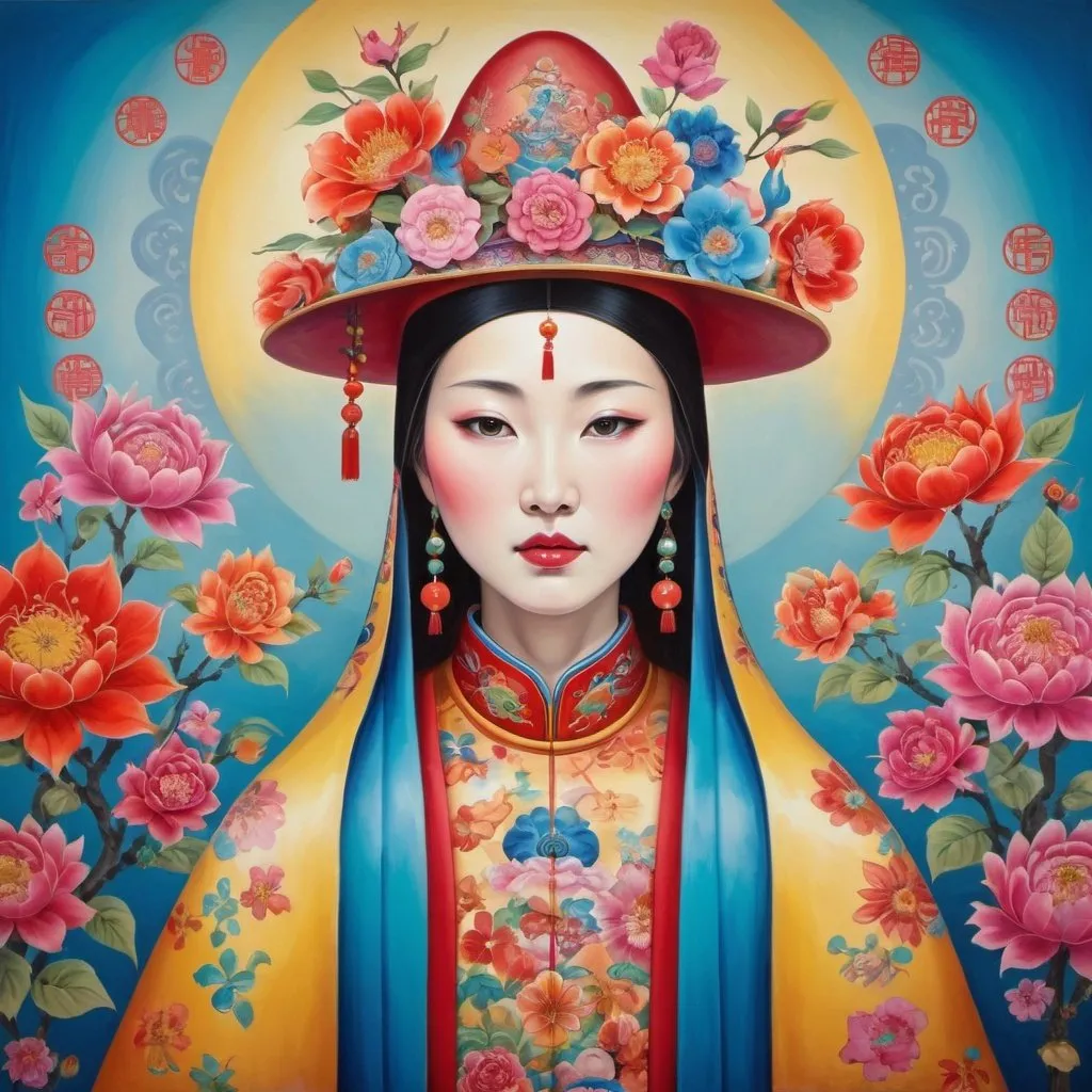 Prompt: Surrealistic colorful painting of a chinese  madonna with a hat, many patterns, background colorful chinese flowers, 