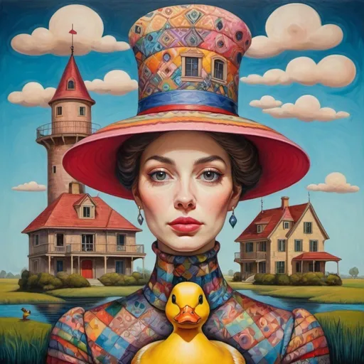 Prompt: Surrealistic colorful painting of a portrait of a woman with a hat, many patterns, on which a duck, a house and a turret are stacked