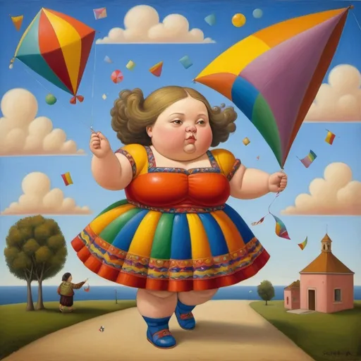 Prompt: surrealistic painting, botero style of a little, fat girl  in a colored dress with brightly colored patterns. playing with a kite.
