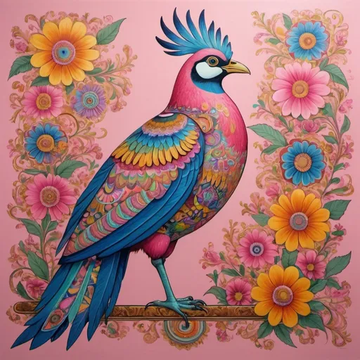 Prompt: rightly colored painting of a colorful large bird who has a lot of patterns all over his body, sitting on one large pink and golden flower, 