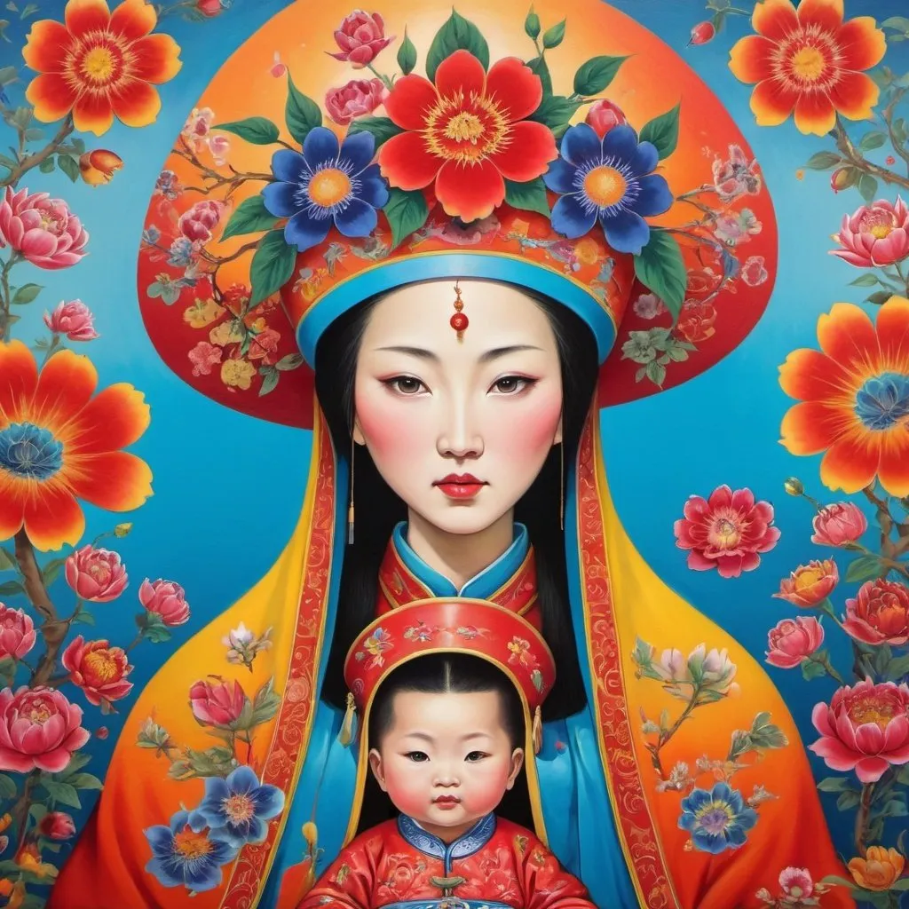 Prompt: Surrealistic colorful painting of a chinese  madonna with a hat, many patterns, background colorful chinese flowers, no child