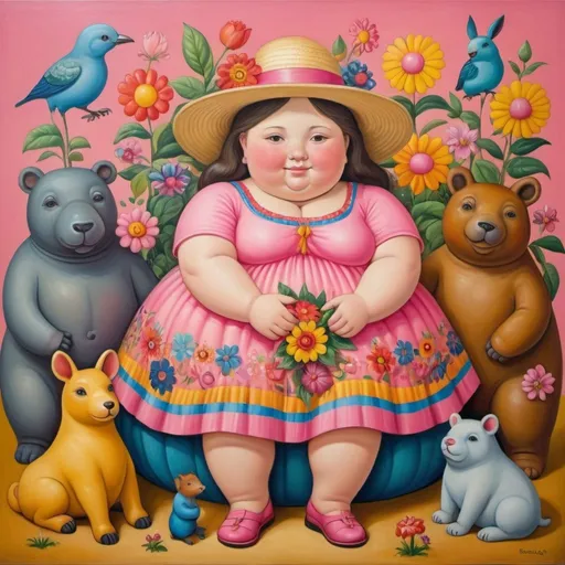 Prompt: surrealistic painting, botero style of a smiling little, fat girl  in a colored pink  dress with brightly colored patterns with golden accents. She wears a straw hat with colorful flowers. she sits on the ground among little fat an sweet animals
