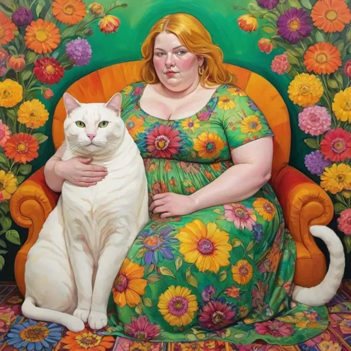 Prompt: Brightly colored painting of a colorful fat white woman, who has a lot of patterns with golden accents all over her dress, sitting between lot of colorful flowers. On her lap a large cat Background green