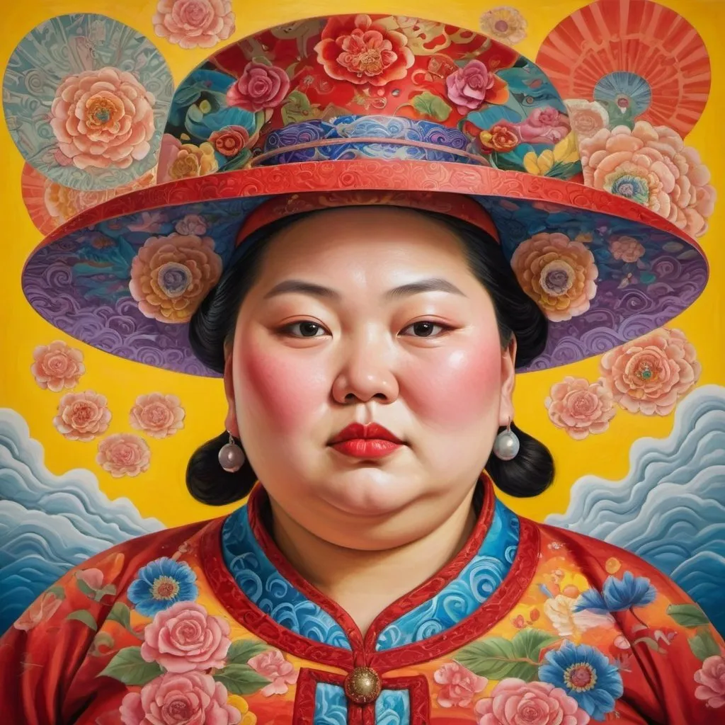 Prompt: Surrealistic colorful painting of a portrait of a chinese fat woman with a hat, many patterns, 