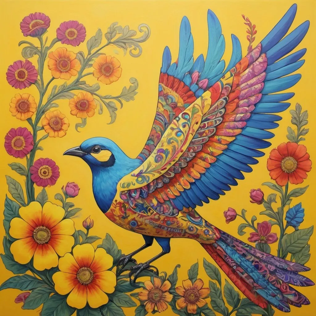 Prompt: brightly colored painting of a colorful bird who has a lot of patterns on his wings, sitting on a  large yellow flower growing in between some smaller rich collord flowers