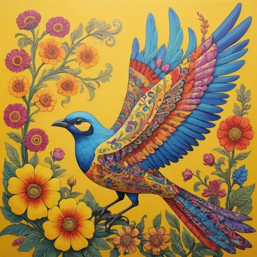 Prompt: brightly colored painting of a colorful bird who has a lot of patterns on his wings, sitting on a  large yellow flower growing in between some smaller rich collord flowers