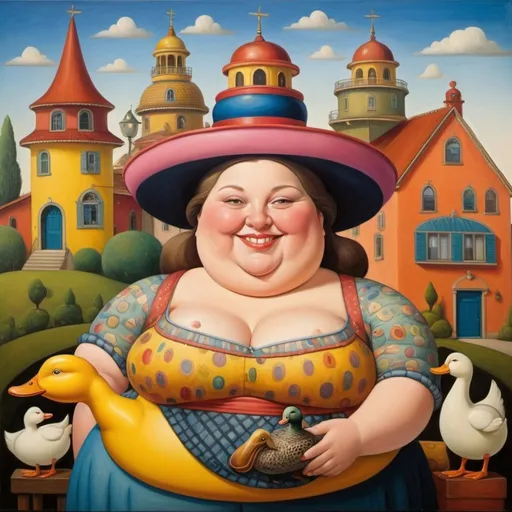 Prompt: Surrealistic colorful painting, botero style  of a portrait of a fat, smiling woman with a hat, many patterns, on which a duck, a house and a turret are stacked