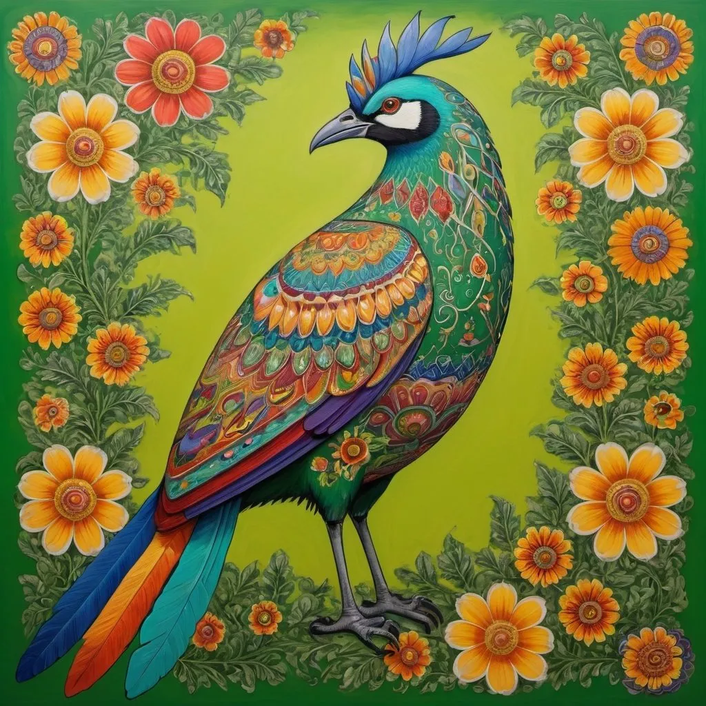 Prompt: rightly colored painting of a colorful large bird who has a lot of patterns all over his body, sitting on one large green
 and golden flower, 