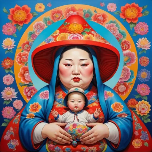 Prompt: Surrealistic colorful painting of a chinese fat madonna with a hat, many patterns, background colorful chinese flowers